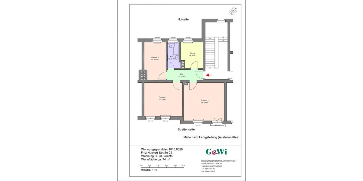 Etagenwohnung Eisenhüttenstadt - 3 Zimmer, 72 m&sup2;, 471&euro; | Angebot:24441285