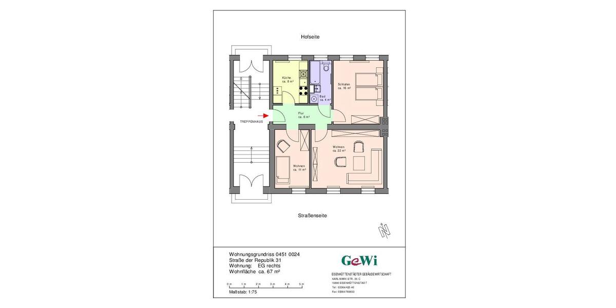 Erdgeschoßwohnung Eisenhüttenstadt - 3 Zimmer, 67 m&sup2;, 470&euro; | Angebot:24793594